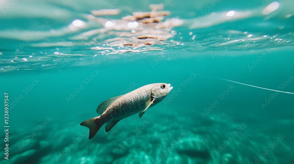 Obraz premium Handline Fishing Method with Fish Swimming Near the Bait
