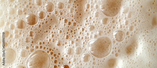 Close-up of frothy beer bubbles with varying sizes and creamy texture against a soft background Copy Space photo