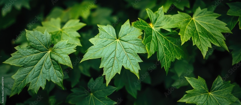 Green leaves with varying shapes and sizes in a natural setting with a blurred background and ample copy space. Green leaves with varying shapes and sizes in a natural setting with a blurred background and ample copy space.