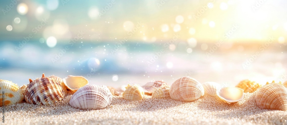 Close-up of various seashells on sandy beach with soft sunlight and blurred ocean background, Copy Space available Close-up of various seashells on sandy beach with soft sunlight and blurred ocean background, Copy Space available