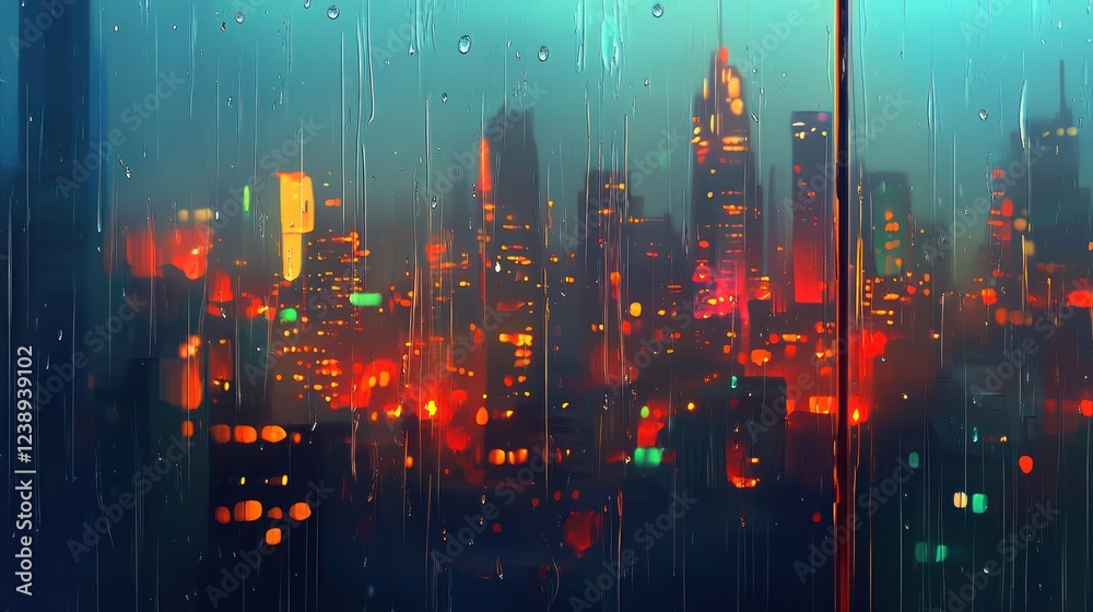 Obraz premium Rainy night cityscape viewed through rain-streaked window. (1)