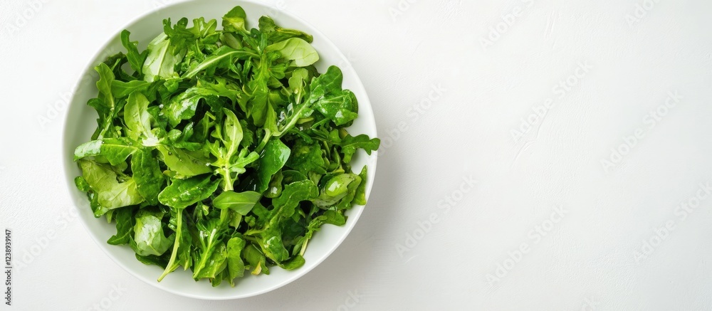 Fresh mixed greens salad in a white bowl on a light background with ample Copy Space for text placement Fresh mixed greens salad in a white bowl on a light background with ample Copy Space for text placement
