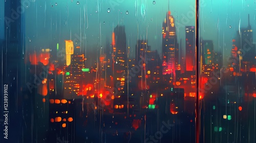Rainy night cityscape viewed through rain-streaked window. (1)