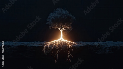 Illuminated Tree with Radiant Roots Against Dark Background