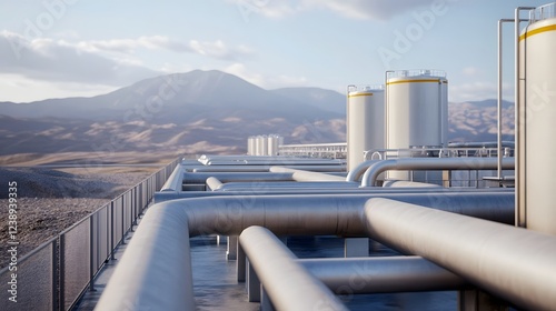 Desalination Facility and Pipelines in Remote Desert Landscape