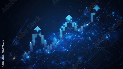Upward trending graph with glowing nodes and lines, representing growth and progress in business, finance, or technology.