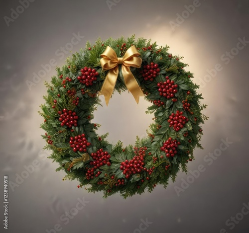 Lush holly wreath with golden ribbon and crimson berries, wreath, gold bow, decoration photo