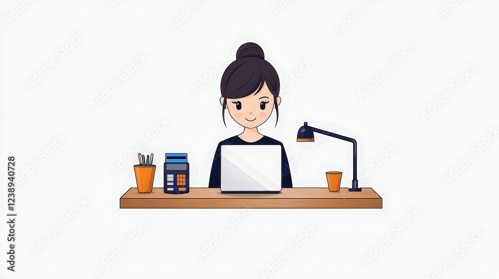 Young Woman Working on a Laptop at a Stylish Desk with Stationery and a Desk Lamp Young Woman Working on a Laptop at a Stylish Desk with Stationery and a Desk Lamp
