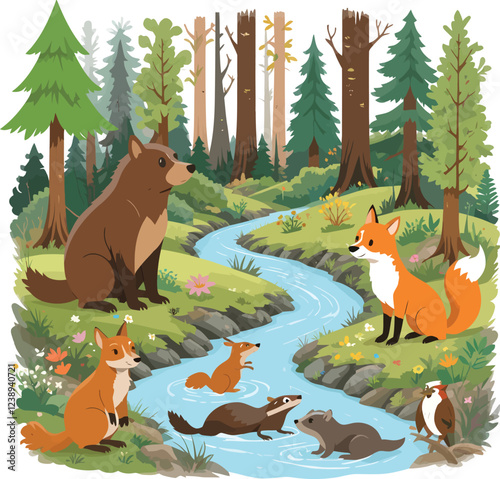 Adorable Forest Animals by a Stream/A charming illustration of various forest animals interacting near a babbling brook.