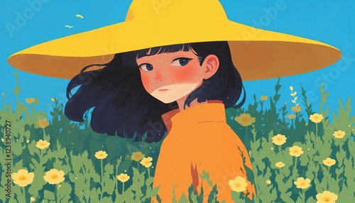 Sunlit Meadow: A Girl in a Yellow Hat
