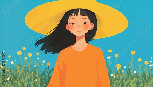 Summer Daydream: Girl in Yellow Hat Amidst Blossoms