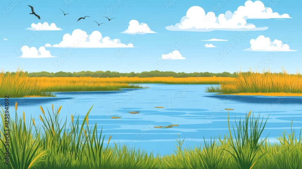 Summer Lake Landscape with Blue Water and Yellow Grass Summer Lake Landscape with Blue Water and Yellow Grass