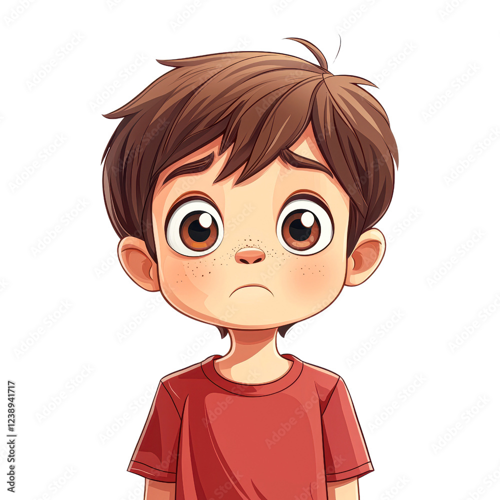 A sad boy with wide eyes wearing a red shirt isolated on transparency PNG background, conveying emotion, useful for illustrations, storytelling, children's books, emotions, and educational content, A sad boy with wide eyes wearing a red shirt isolated on transparency PNG background, conveying emotion, useful for illustrations, storytelling, children's books, emotions, and educational content,
