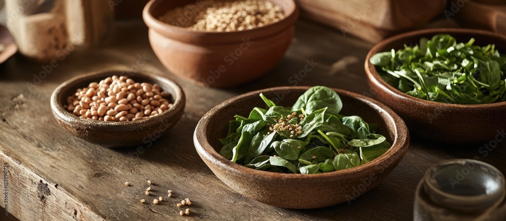 Fresh spinach and legumes in rustic bowls on wooden table with natural light Copy Space Fresh spinach and legumes in rustic bowls on wooden table with natural light Copy Space
