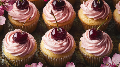 Delicious cupcakes featuring soft vanilla bases and rich pink frosting topped with glossy cherries, surrounded by delicate flowers