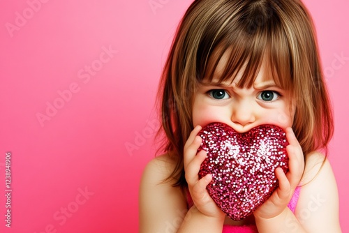 Ð¡hildren valentine's day greeting card: child girl with sad face holds red heart in hands. Commercial promotion creative. Sign of love. Valentine's concept art. Child with heartwarming smile. photo