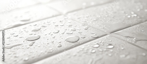 Water droplets on white ceramic tiles surface with shallow depth of field and soft lighting, copy space © NeuralNiche