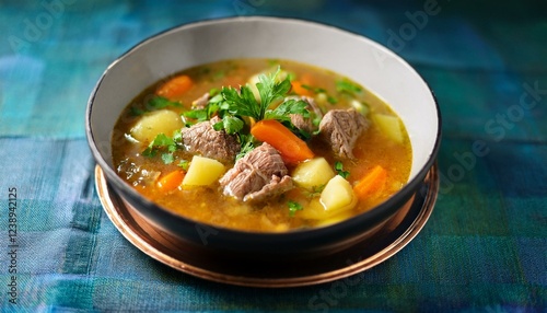 strong shurpa chorba or shorba soup with mutton and veggies clear homemade halal broth photo