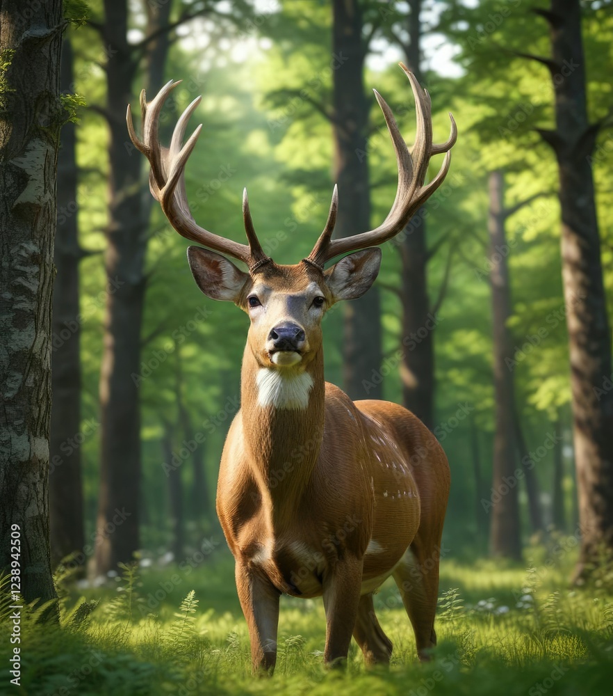Majestic white tailed deer buck with velvet antlers in lush green summer forest, velvet, animal Majestic white tailed deer buck with velvet antlers in lush green summer forest, velvet, animal
