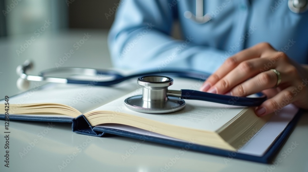 Healthcare strategy book growing knowledge in medicine with a stethoscope on open pages Healthcare strategy book growing knowledge in medicine with a stethoscope on open pages
