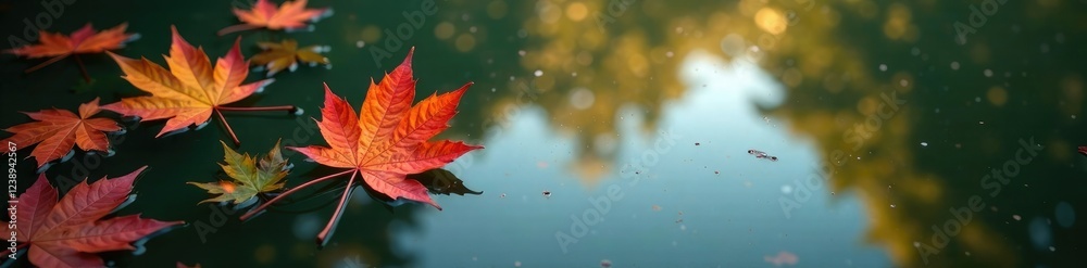 Maple leaves softly suspended on the surface of a still pond, pond, peaceful Maple leaves softly suspended on the surface of a still pond, pond, peaceful