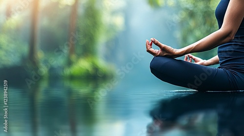 person meditating in a serene outdoor setting, surrounded by nature, to illustrate stress reduction techniques NCDs or non-communicable diseases are a group of chronic non-communicable diseases.  photo