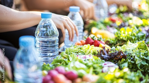 group of friends enjoying a healthy picnic in the park, with salads, fruits, and water bottles NCDs or non-communicable diseases are a group of chronic non-communicable diseases.  photo