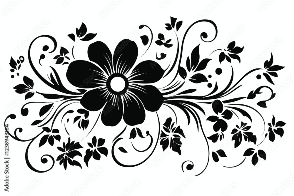 A black and white flower silhouette design vector. Hand drawn Ornamental Floral Dividers And Decorative Separators On Solid White Background. Mexican folk art style vector Art & Illustration A black and white flower silhouette design vector. Hand drawn Ornamental Floral Dividers And Decorative Separators On Solid White Background. Mexican folk art style vector Art & Illustration