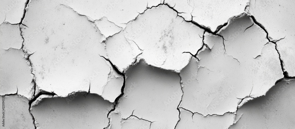 Obraz premium Cracked white paint texture on wall with deep fissures and peeling layers providing detailed surface pattern Copy Space