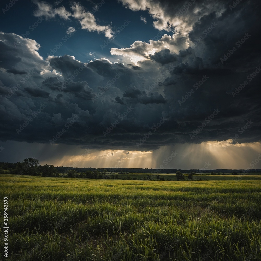Capture the contrast between a stormy sky and a sunlit field. Capture the contrast between a stormy sky and a sunlit field.
