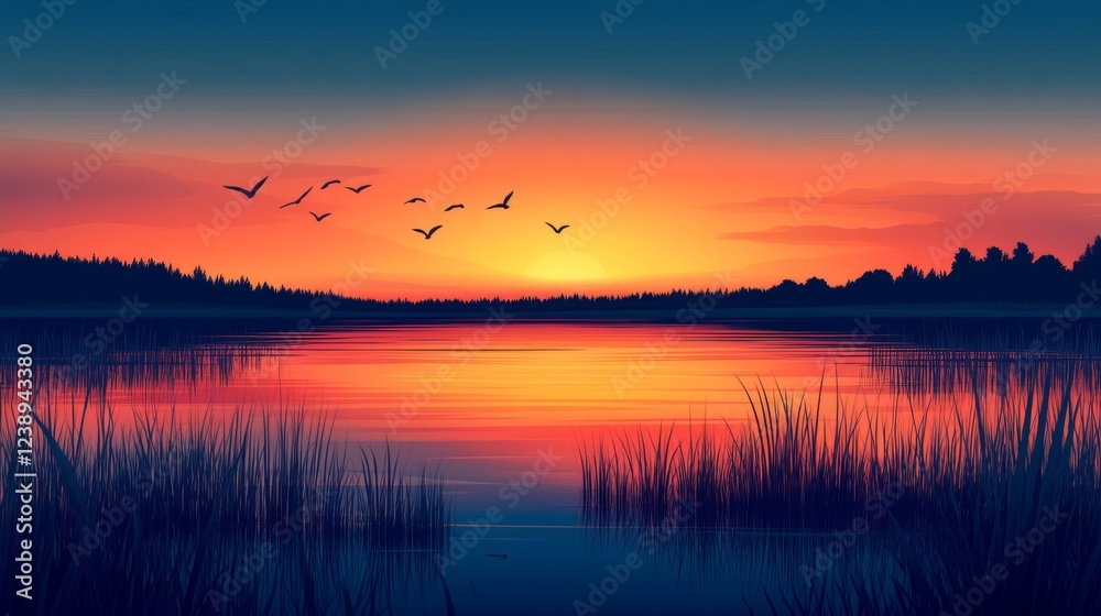 Fototapeta premium Vibrant Sunset Over a Calm Lake