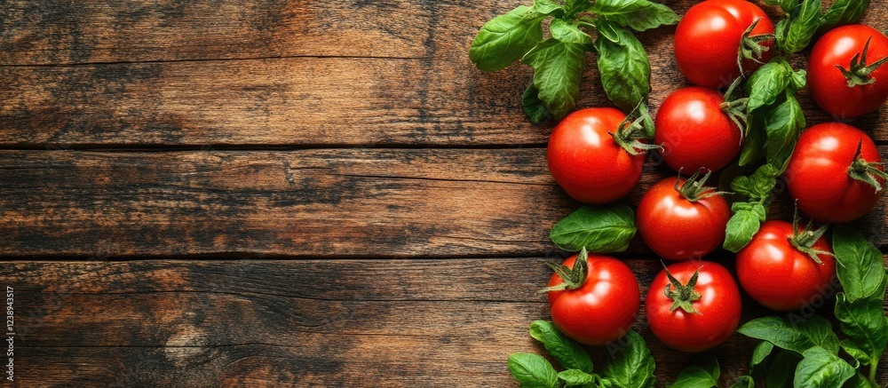 Fresh ripe tomatoes with green leaves on rustic wooden background Copy Space Fresh ripe tomatoes with green leaves on rustic wooden background Copy Space