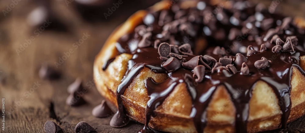 Chocolate glazed donut topped with chocolate chips on rustic wooden table with scattered chocolate chips and copy space Chocolate glazed donut topped with chocolate chips on rustic wooden table with scattered chocolate chips and copy space