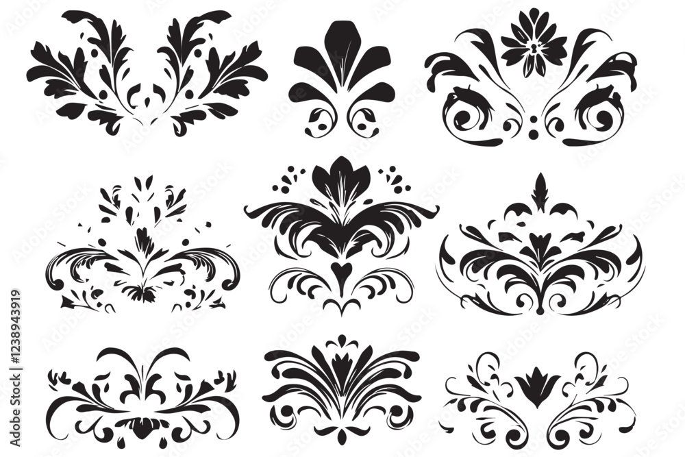 A black and white flower silhouette design vector. Hand drawn Ornamental Floral Dividers And Decorative Separators On Solid White Background. Mexican folk art style vector Art & Illustration A black and white flower silhouette design vector. Hand drawn Ornamental Floral Dividers And Decorative Separators On Solid White Background. Mexican folk art style vector Art & Illustration
