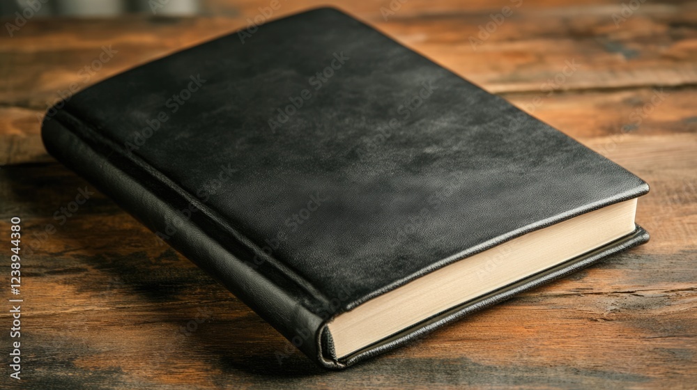 Black leather bound book on wooden surface with blank pages and copy space for text Black leather bound book on wooden surface with blank pages and copy space for text