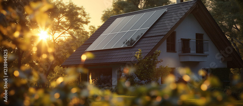 a houseroof in on summer morning with solar pannels on it while the sun raises