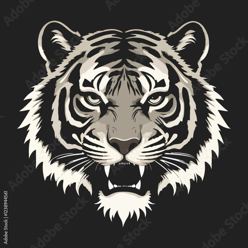 Powerful Tiger Head Close-Up in Monochrome Design/A striking close-up image of a tiger's head, rendered in grayscale with a bold, stylized design. photo