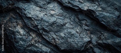 Dark textured rock surface with detailed stratification and shadows suitable for backgrounds or texture applications Copy Space