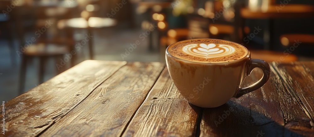 Coffee cup with latte art on wooden table in cozy cafe interior setting with blurred seating in background Copy Space Coffee cup with latte art on wooden table in cozy cafe interior setting with blurred seating in background Copy Space