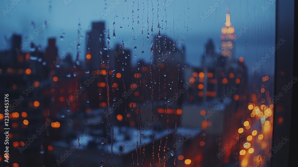 Fototapeta premium Rainy City Night Viewed Through a Wet Window
