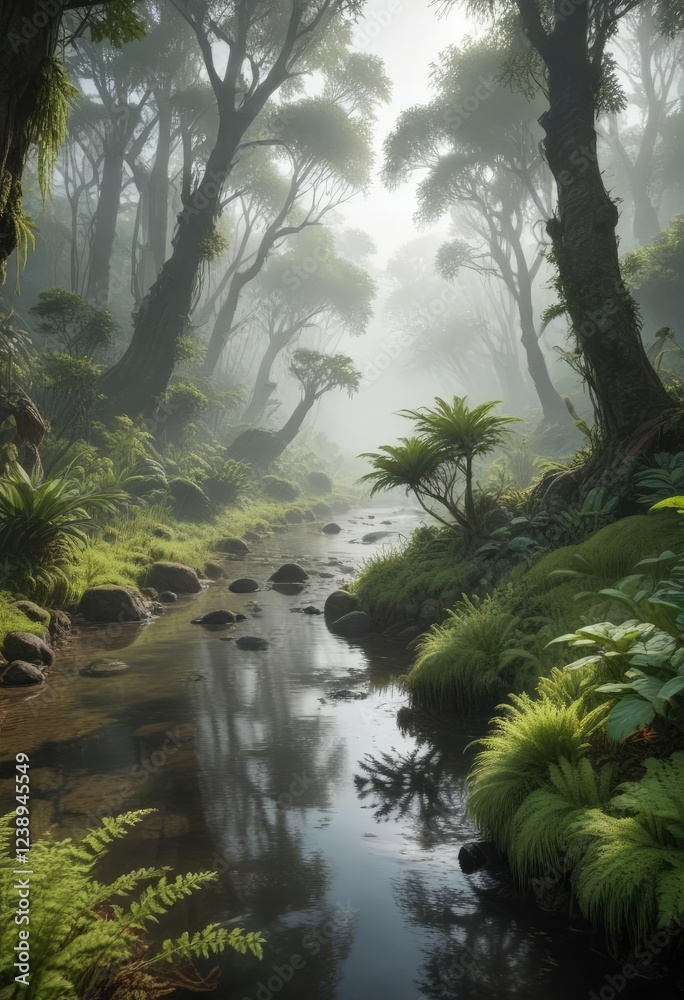 Fototapeta premium Misty Morning in a Tropical Arroyo with Foliage and Mosses, natural scenery, misty morning