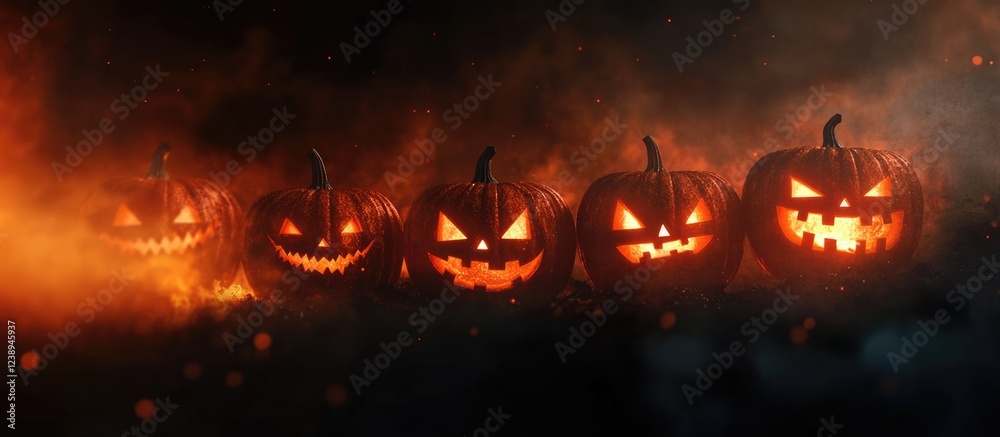 Halloween themed pumpkins with glowing faces in a misty atmosphere at night illuminated by orange light with Copy Space Halloween themed pumpkins with glowing faces in a misty atmosphere at night illuminated by orange light with Copy Space