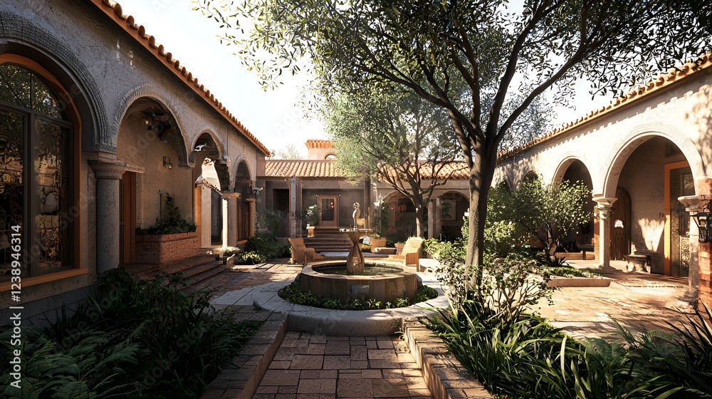 Fototapeta premium Sunlit Mediterranean courtyard garden fountain, patio relaxation