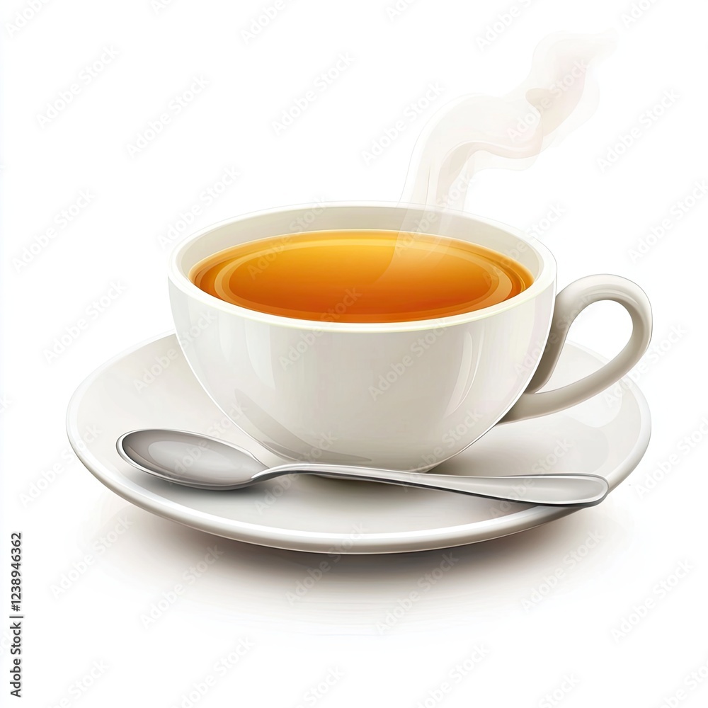 Steaming hot tea cup and saucer, spoon; breakfast beverage, white background, website Steaming hot tea cup and saucer, spoon; breakfast beverage, white background, website