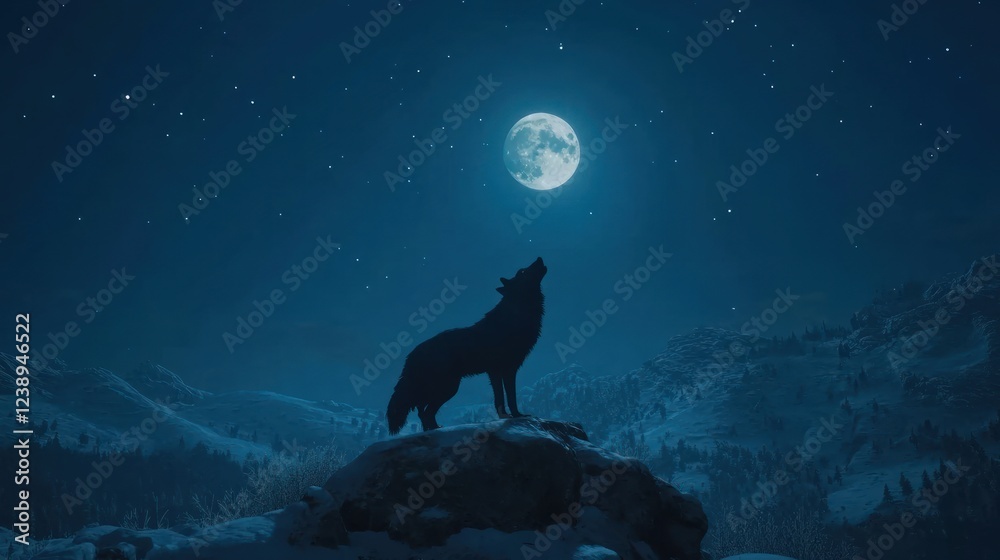 Fototapeta premium Lone Wolf Howling Under a Bright Moonlit Night Sky