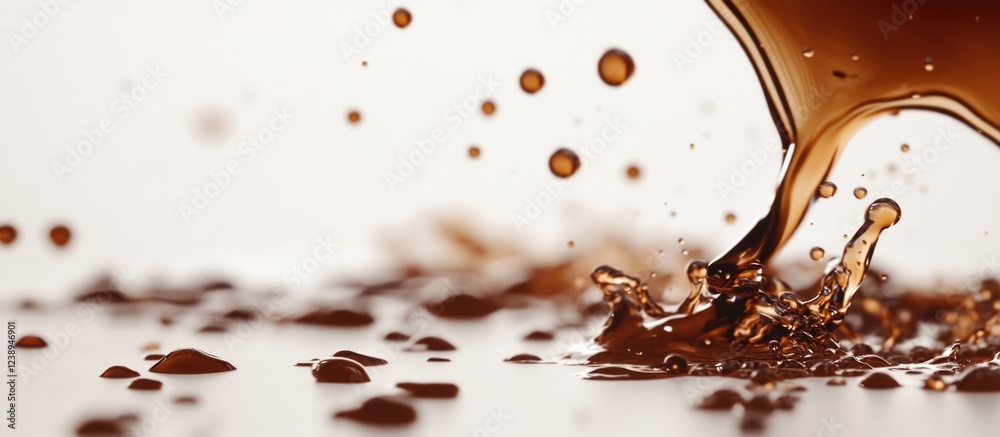 Fototapeta premium Liquid chocolate splash and droplets on a surface with copy space for text