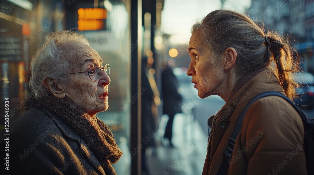 Alzheimer, Dementia, Memory Loss problem. Two women share an intense conversation in an urban setting, capturing a moment of connection and emotion. Alzheimer, Dementia, Memory Loss problem. Two women share an intense conversation in an urban setting, capturing a moment of connection and emotion.