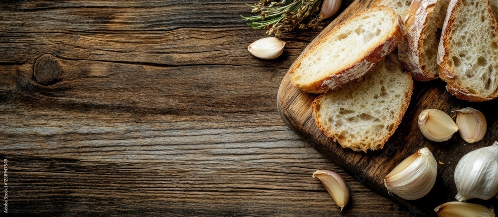 Sliced bread on a wooden cutting board with garlic cloves and herbs arranged on rustic wood background Copy Space Sliced bread on a wooden cutting board with garlic cloves and herbs arranged on rustic wood background Copy Space