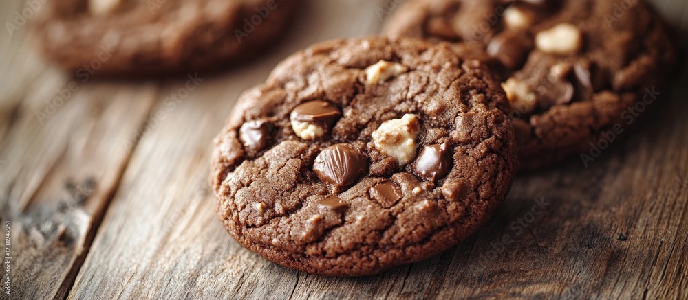 Chocolate cookies with chocolate chips and chunks placed on a rustic wooden table with copy space for text. Chocolate cookies with chocolate chips and chunks placed on a rustic wooden table with copy space for text.