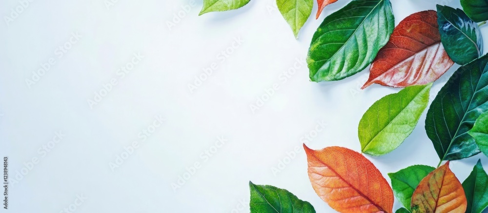 Obraz premium Colorful autumn leaves arranged on a plain background with ample copy space for text placement